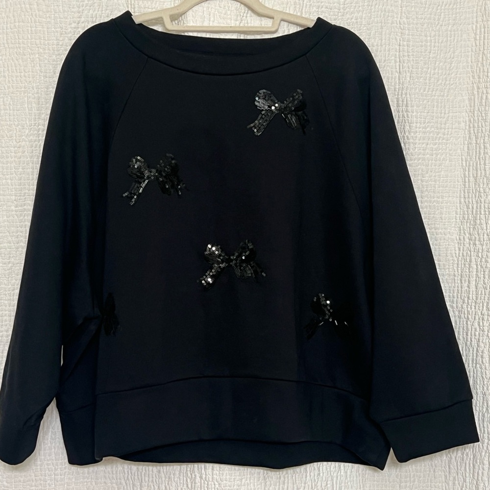 LOFT Black Sequin Bow Long Sleeve Top
